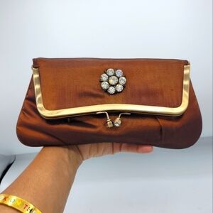 Vintage Burnt Copper Satin Fold-Over Clutch | Rhinestone Flower Details